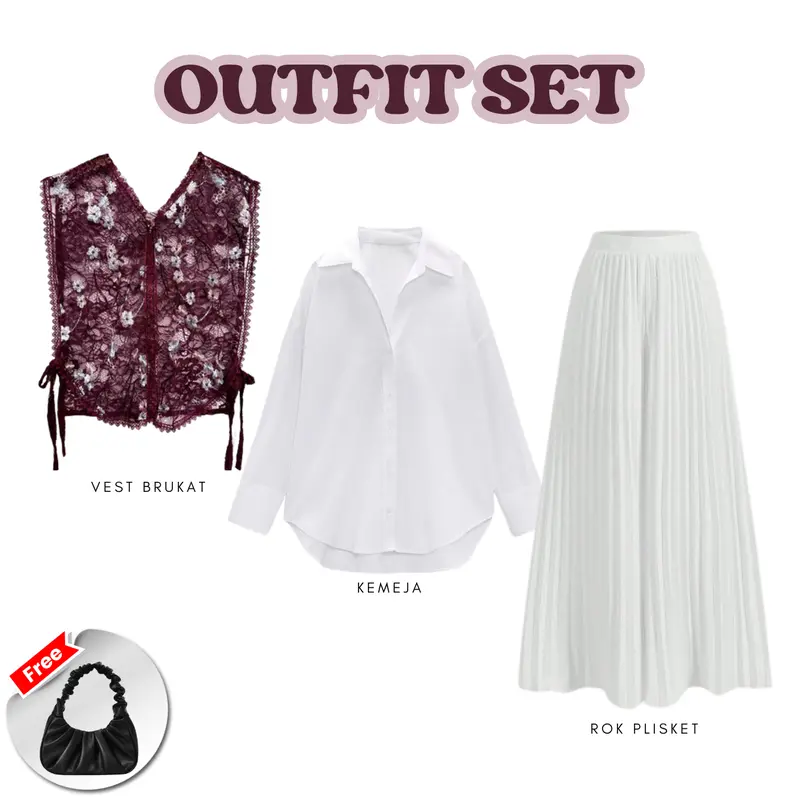 WFD | One Set Wanita (Vest Brukat Burgundy, Kemeja, Rok Plisket) Setelan Kondangan Cantik dan Elegan | GRL 08 1