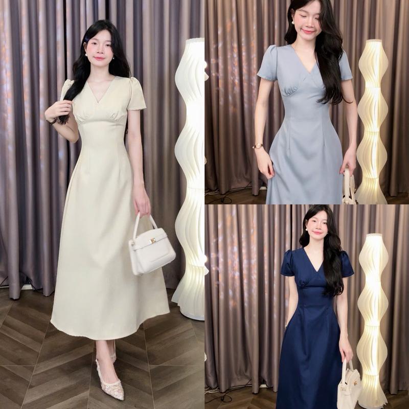 T2-Đầm Dài Nữ Cổ V Tay Phồng Chiết Eo Dáng Xòe Thanh Lịch