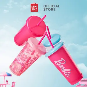 Miniso x Barbie Shining Collection Gelas Plastik Dengan Sedotan Cangkir Minum Desktop Plastic Tumbler 4-Piece Set 520ml Bottles Water Kitchenware Straw