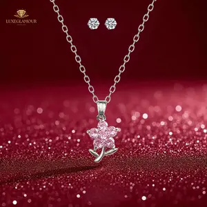 Luxeglamour- Set Kalung Dan Anting Titanium Silver Ruby Heart Set Seri Sehari-hari Perhiasan Elegan