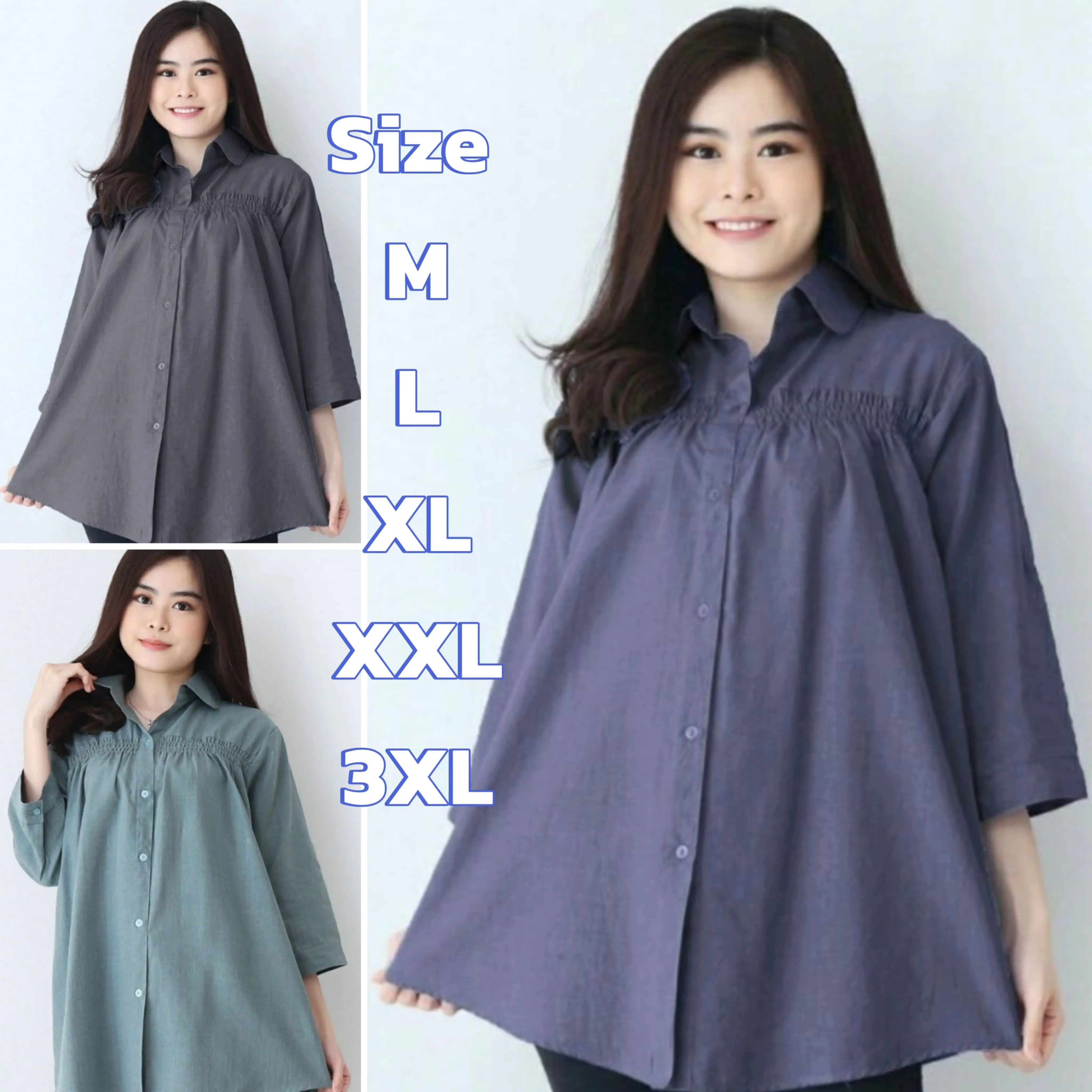Baju Atasan Kemeja Hem Blouse Bahan Katun Polos Ootd Kerah Casual Adem Kerja Kantor Navy Ungu Tosca Formal Basic Oversize Fashion Muslim Remaja Wanita Cewek Perempuan Lengan 3/4 Dewasa Hijab Korea Jumbo Ukuran L XL XXL XXXL LD 120 130 Busui Kekinian Murah