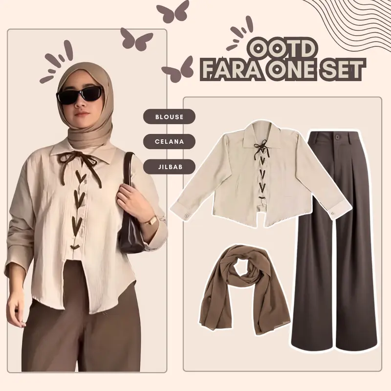 OOTD Hijab Style One Set 3 in 1 ( Blouse + Celana + Pashmina ) Setelan Wanita Kekinian - LS104 Baju Remaja Katun 0