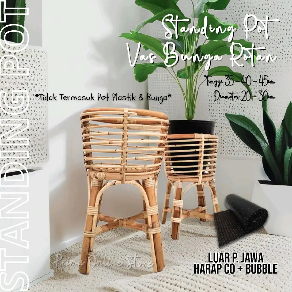 Standing Pot Rotan Alami Vas Bunga Rotan Ukuran 35 - 40 - 45 Cm Untuk Tanaman