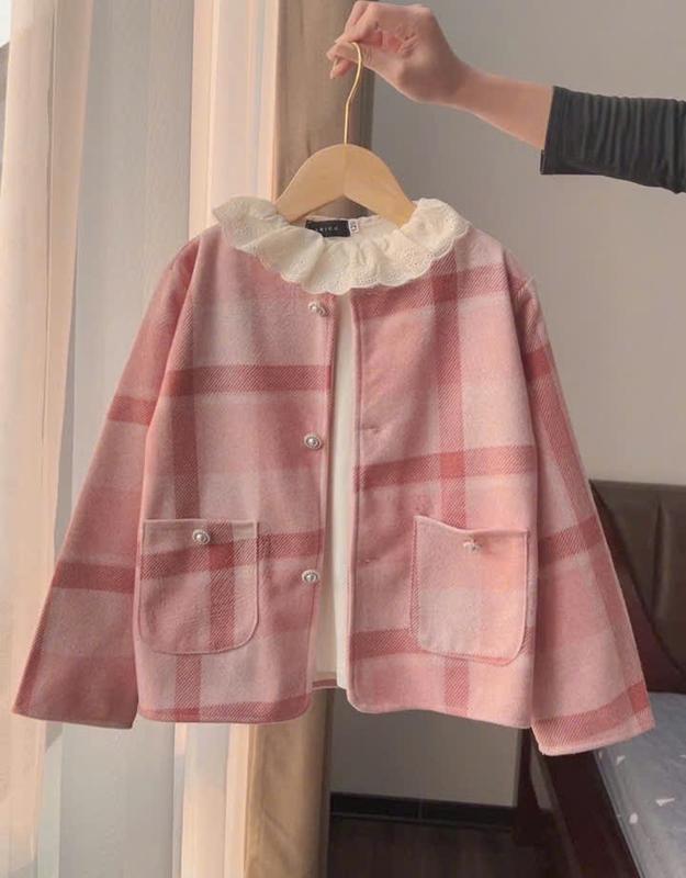 Áo khoác dạ lông cho bé gái phong cách hàn quốc màu hồng ruốc dưới 35kg _T58