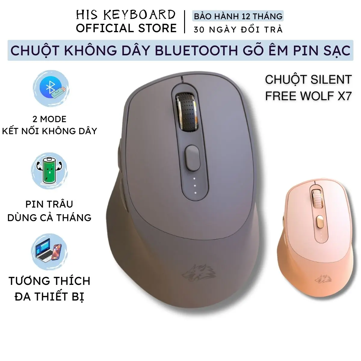 Chuột Không Dây Văn Phòng FreeWolf X7 Bluetooth 5.0 Pin Sạc Type-C 5 Cấp DPI Silent Click Không Ồn