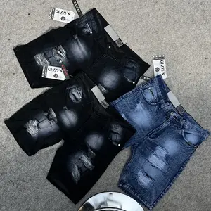 Celana Pendek Jeans Pria Sobek Lapis No Stretch Ripped Hitam Slim Fit Denim Dewasa