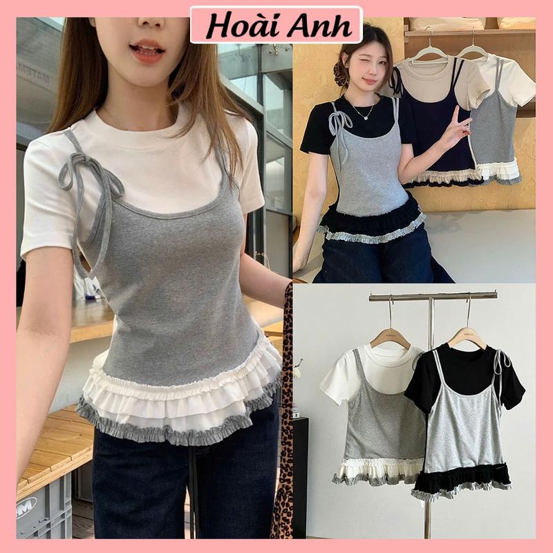 Áo Thun Nữ Ngắn Tay Phối Áo Yếm 2 Dây Viền Bèo Xếp Ly Gấu Áo Trơn Basic 0