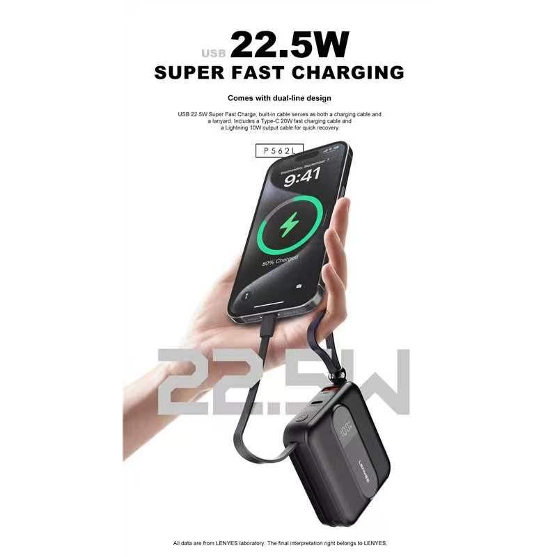[ Sertifikat CCC ] LENYES P562L Mini Powerbank 10000mAh Fast Charging 22.5W Built In Dual Kabel Type C + Lightning Output Power Bank Portable
