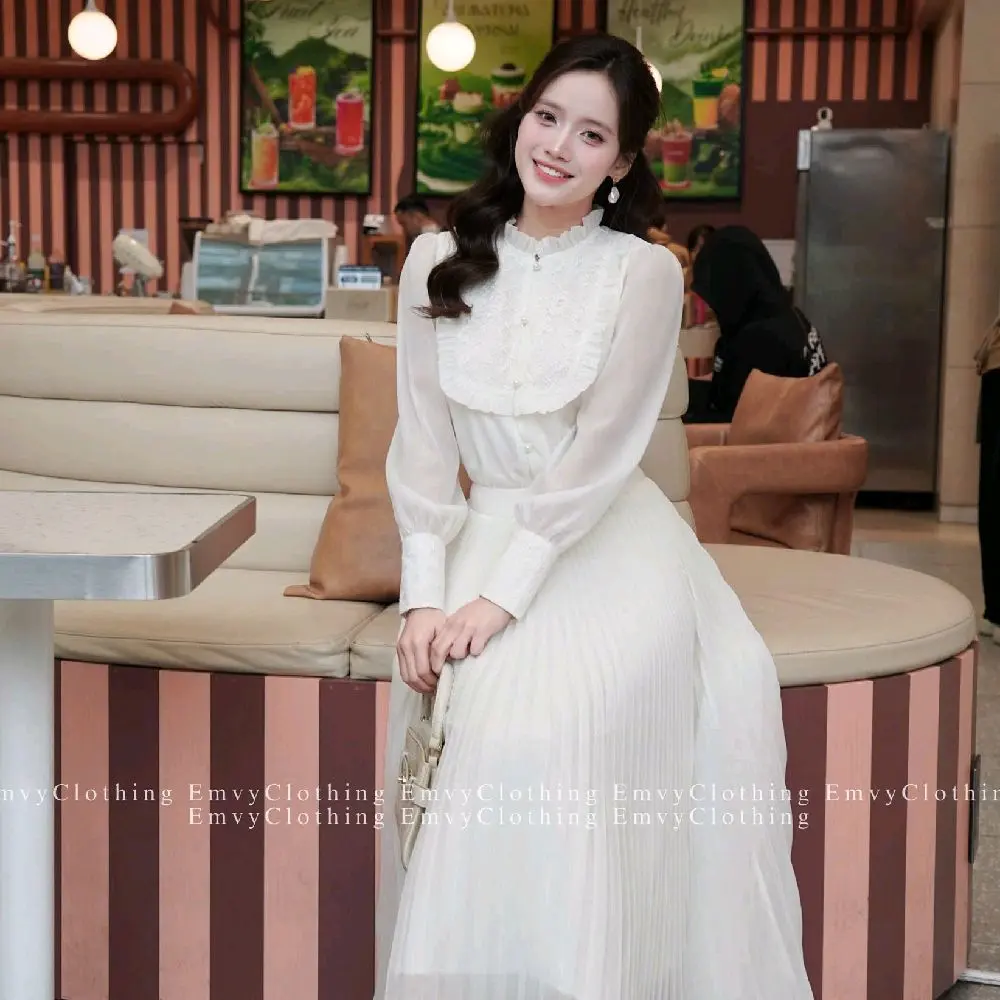 EV128-Emvy Clothing Set váy thiết kế chất tơ óng phối ren và chân váy xếp li xẻ quạt bồng bềnh với tay áo phồng tiểu thư sang trọng | BigBuy360 - bigbuy360.vn