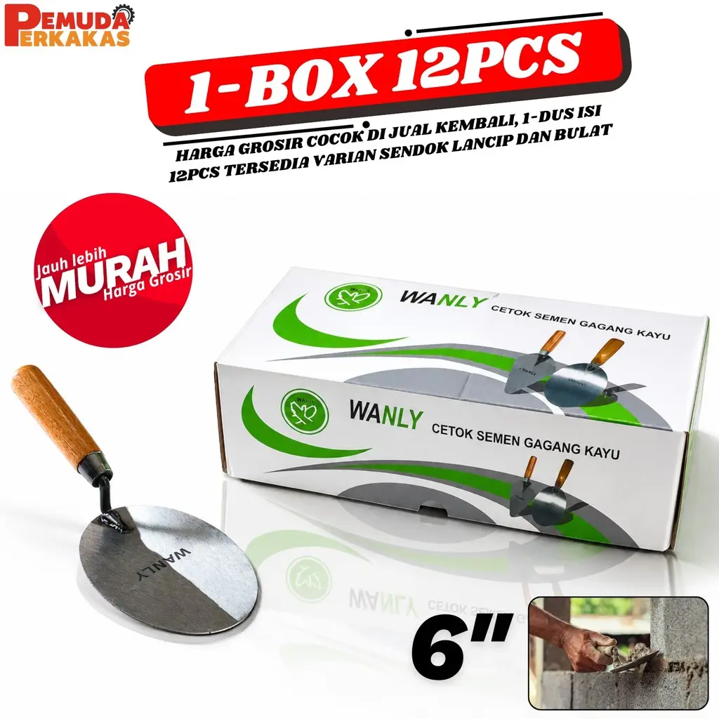 grosir 1box isi (12pcs) sendok semen gagang kayu bulat lancip cetok semen 6" 7"