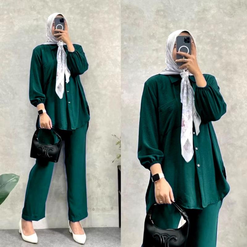 One Set Cargo Crinkle Airflow | Setelan Langan Panjang Celana Cargo Terbaru | Best Seller Kekinian Atasan dan Bawahan Ternyaman | One Set Korean Style All Size Fit To XL | terbaru Variasi Kulot Dewasa Tunik Baju Kancing Loose Linen 3