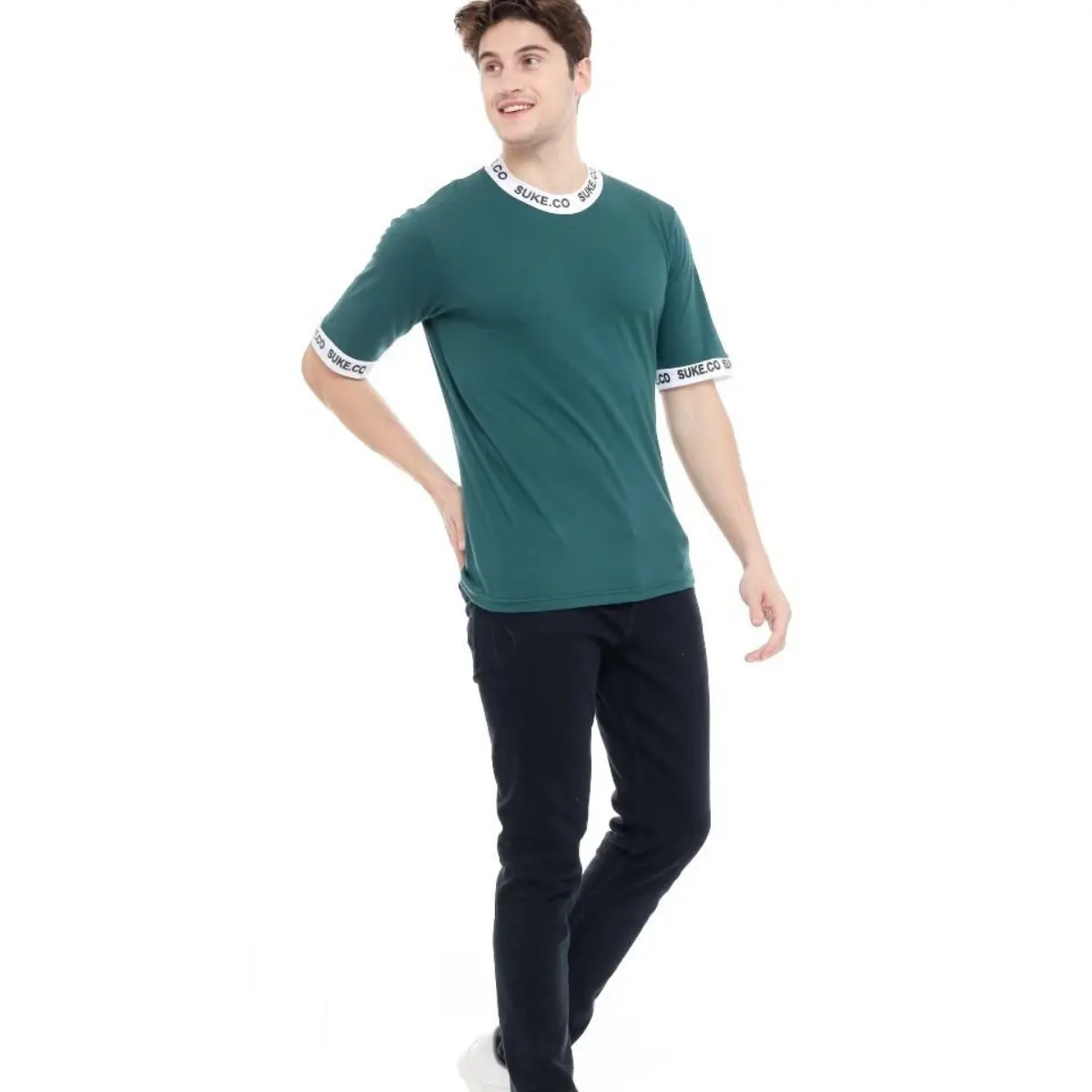 BAJU KAOS PRIA LENGAN PENDEK SABLON LEHER / KAOS RINGER TEE HIJAU BOTOL / T-SHIRT TULISAN LEHER SUKE.CO