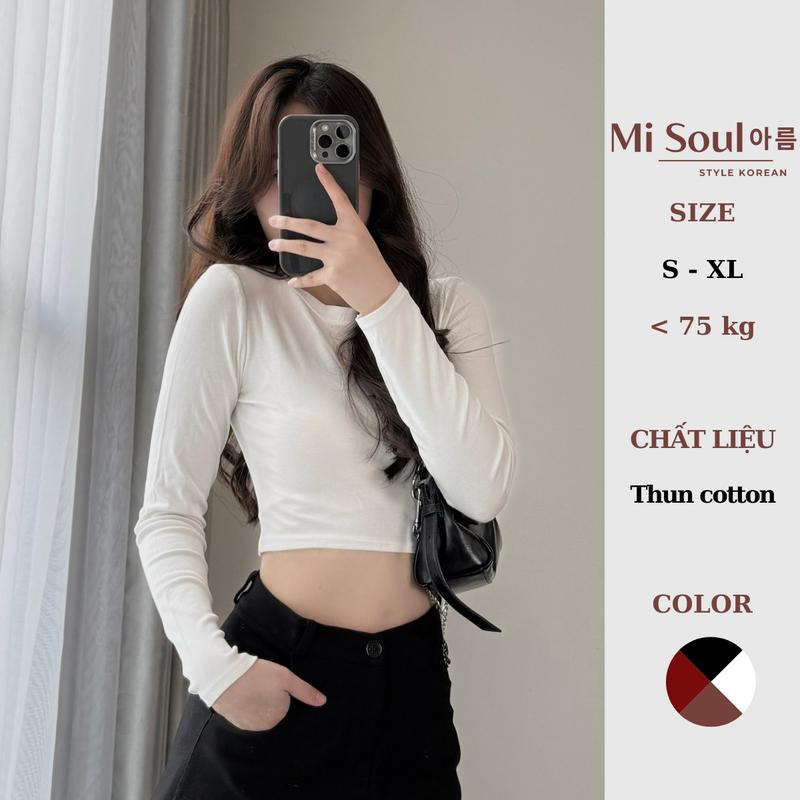 Áo Croptop Nữ Tay Dài Cổ Tròn Ôm Body MiSoul Chất Cotton Co Giãn, Áo Thun Trơn Dáng Ngắn Dài Tay Croptop Fit Body 474