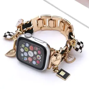 Women Metal+leather Strap for Apple Watch S1 S10 42mm 46mm 9 8 7 41mm 45mm Cute Bracelet for Iwatch Series 6 5 Se 44mm 38 40mm Band