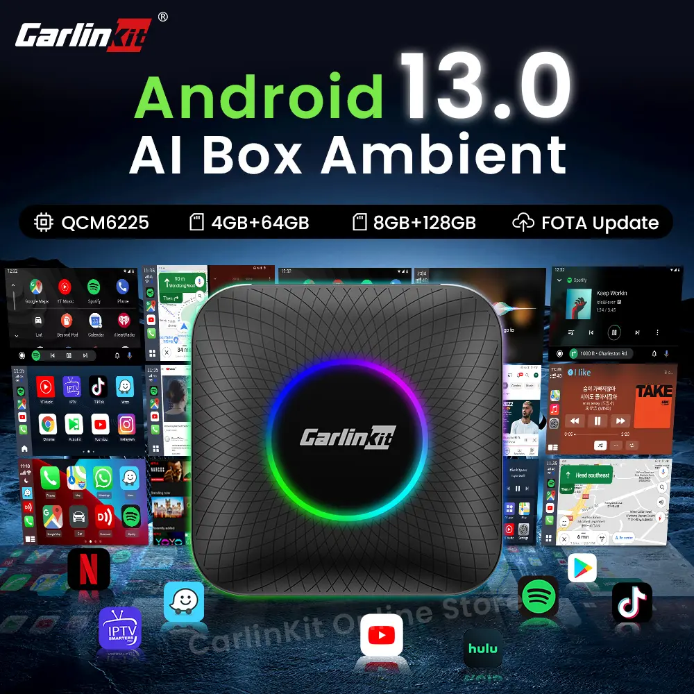 Carlinkit TBOX-LED Carplay Ai Box Wireless CarPlay Android Auto Adapter Android 13.0 Youtube Netflix Wifi SIM Network 8+128G QCM6225