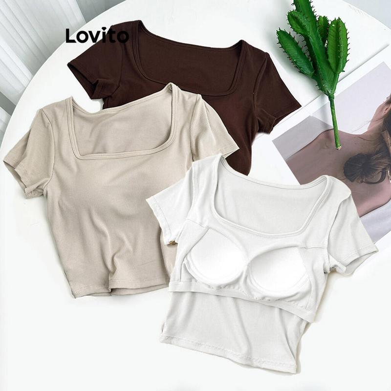Lovito Casual Plain Basic T Shirt for Women LNE24089 Multi color Top Womenswear Lingerie Comfort Summer Tshirt Streetwear Minimalist Short Short Sleeve 5