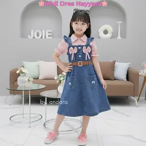 MIDI Dress NAYYARA Pita Anak Kekinian Bahan Jeans Mix Katun Salur Free Belt Anak Perempuan Usia 2 - 10 Tahun Free Tas Dress denim Wash Kekinian Fashion Baju Anak Perempuan Model Koreans Syle Dress Lebaran Anak Perempuan Terbaru 2026 - COD