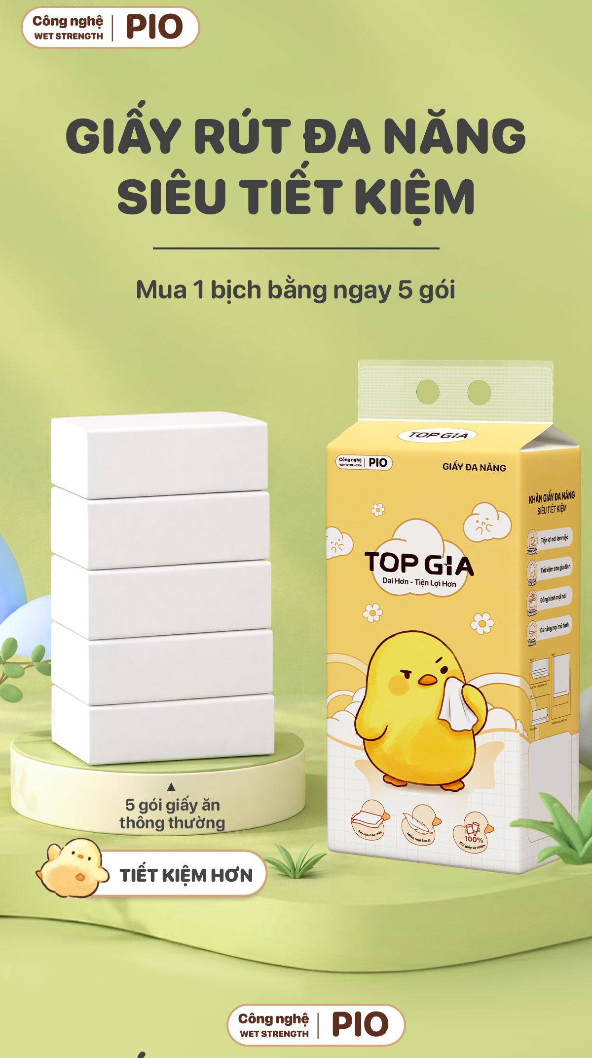 [XẢ KHO] THÙNG 5 BỊCH Khăn Giấy Pio TOPGIA, Tặng Móc Treo Tường, 200 Lần Rút Siêu Dai 130x170mm khăn giấy cao cấp TOP GIA, giấy dai hơn bền chắc hơn mềm mịn hơn, khăn giấy vệ sinh ĐẠT QUY CHUẨN CỦA BỘ CÔNG THƯƠNG VTG03