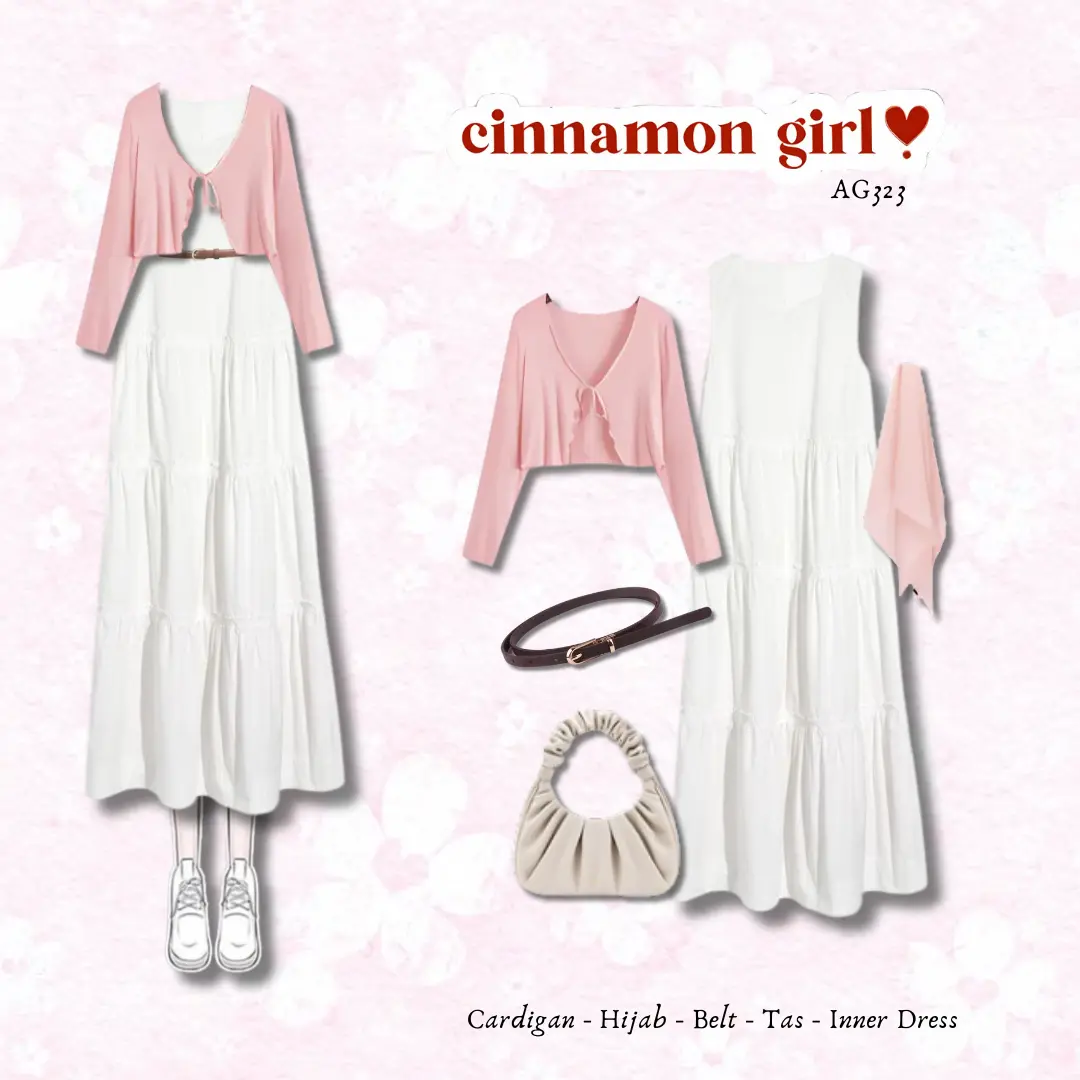 5in1 Dress Outfit Douyin Korean Style | Cardigan + Inner Dress + Hijab + Belt + Tas | SET AG323