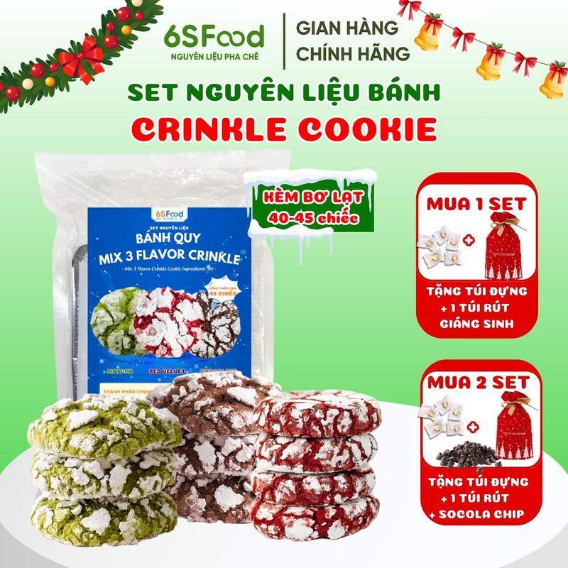 Set Nguyên Liệu Làm Bánh Crinkle Cookie Mix 3 Vị Kèm Bơ Lạt Red velvet Cacao Matcha - 6SFOOD 