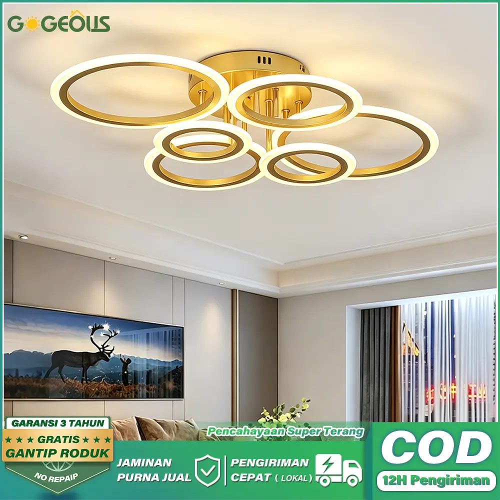 GOGEOUS Lampu Plafon LED 6 Lingkaran Mewah Emas - Lampu Hias Ruang Tamu Modern Minimalis Pencahayaan Super Terang
