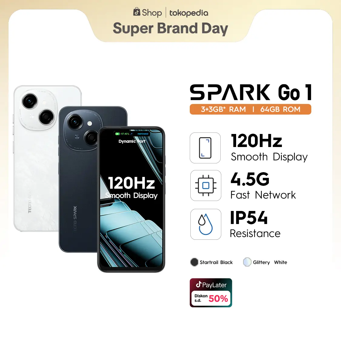 [Willie Salim] TECNO SPARK Go 1 – 3+3GB*+64GB, 120Hz Display, T615+4.5G Network, 5000mAh+15W, IP54, Android 14, Garansi 12+1 Bulan