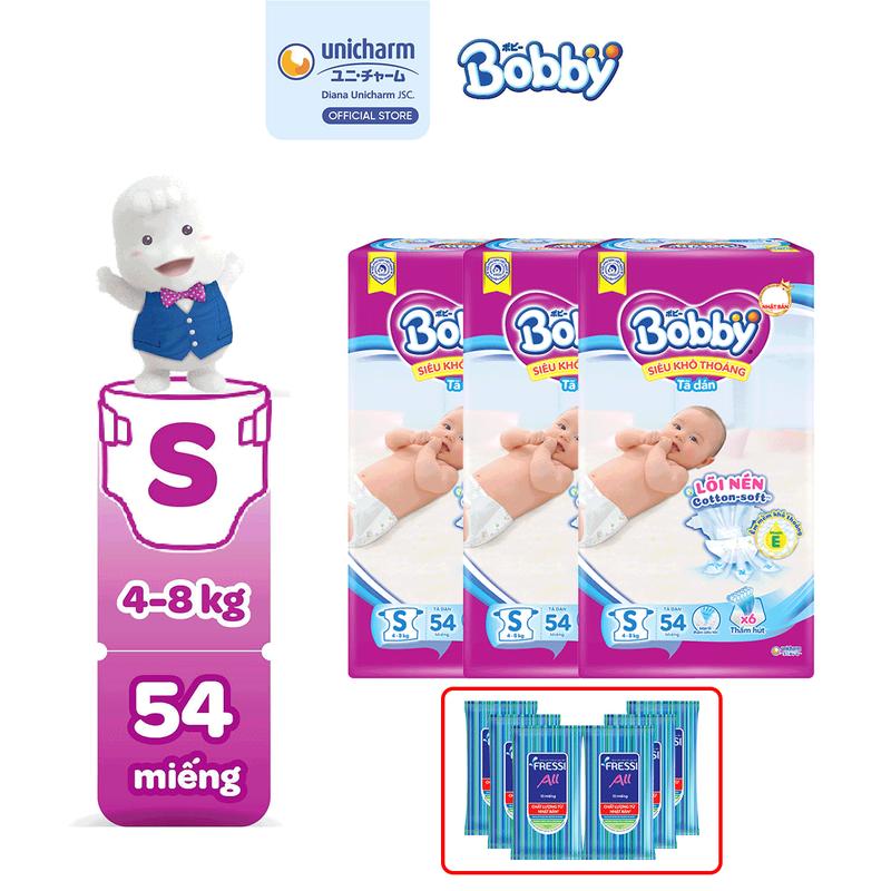 [COMBO 3-TẶNG 6 KHĂN ƯỚT FRESSI ALL 10M] Bobby Tã/bỉm dán S54/M46/L40/XL36 Siêu khô thoáng