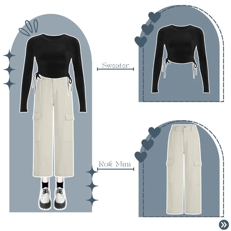 2in1 One Set Korean Style Outfit Remaja Crop Top Serut Cute Celana Cargo Knit Premium HA0026 1