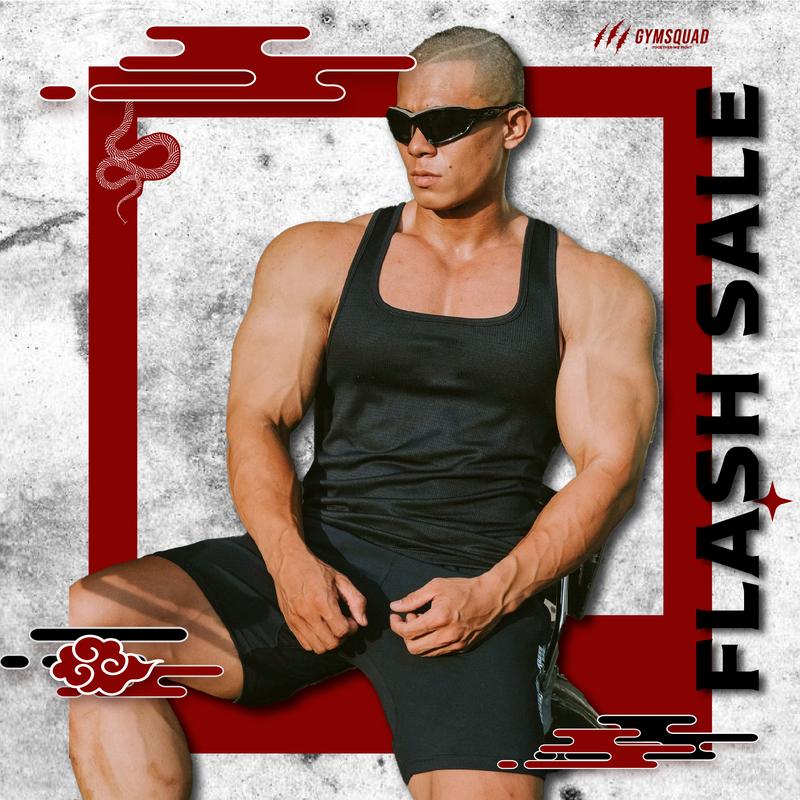 Áo Ba Lỗ Cổ Vuông thun gân dây nhỏ TRƠN BASIC Logo GYMSQUAD lưng, Khoét lưng rộng, vải thun gân vuông thoáng khí Sport