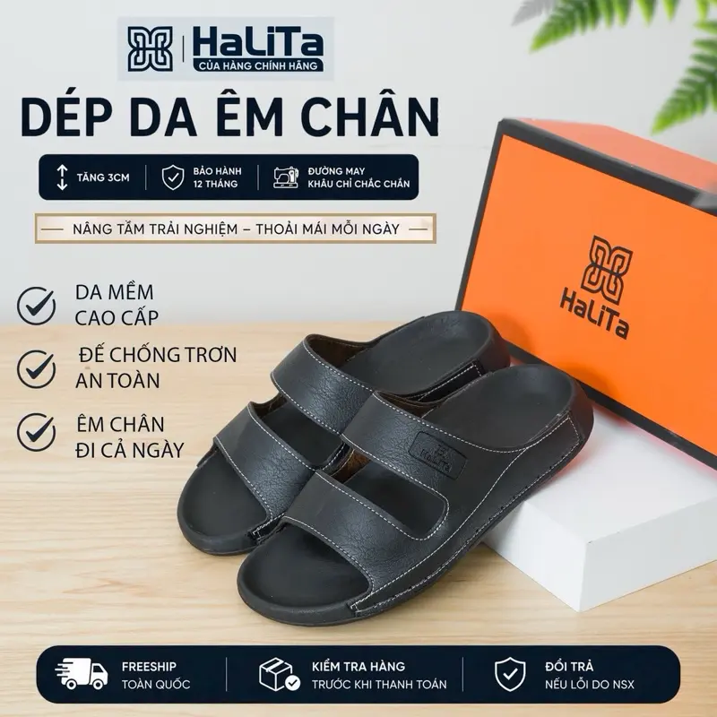 [Dép Công Thái Học ] - Bản Hai Quai Nâng Cấp , Da Bò Lưu Bút Cao Cấp HaLiTa, Đế Cao Su Vân Nhám Chống Trơn Trượt