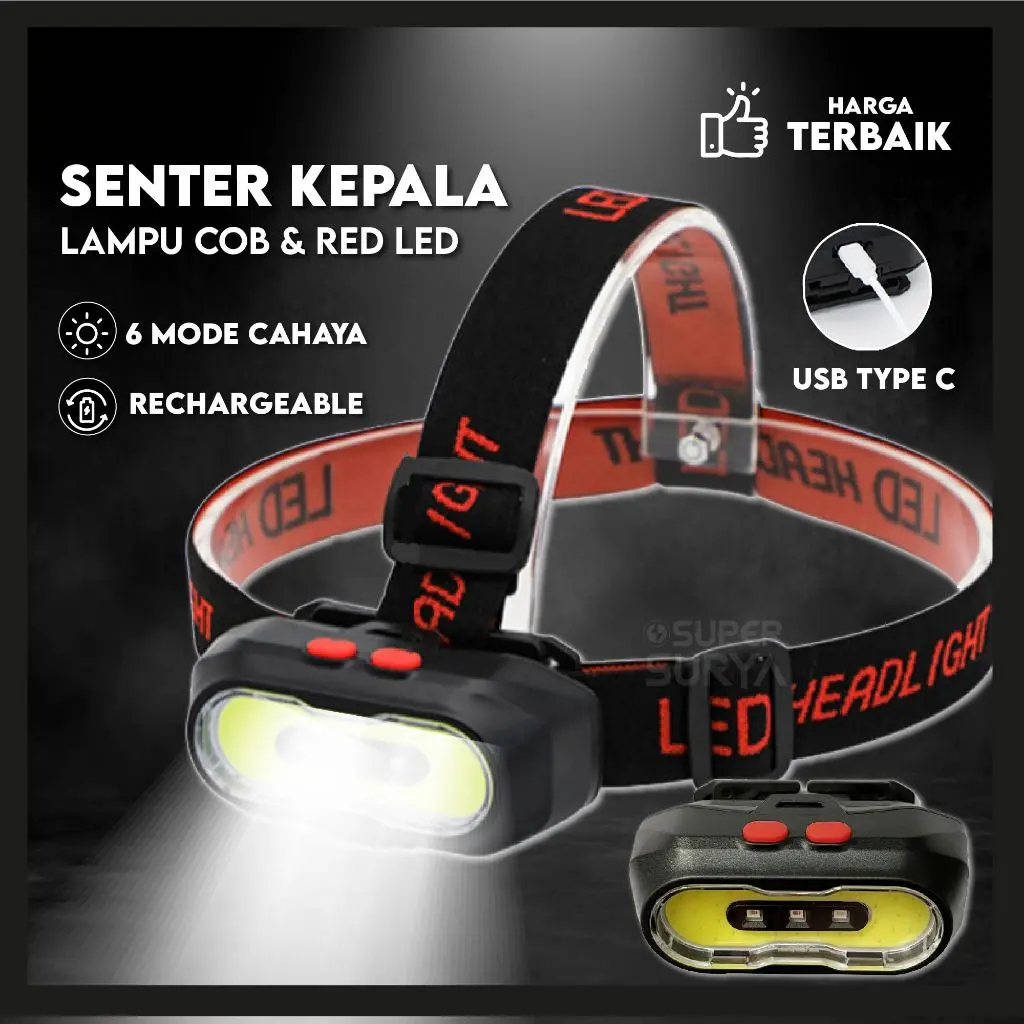 Senter Kepala COB RED LED Super Terang USB Rechargeable Adjustable Camping Hiking Headlamp Indonesia White