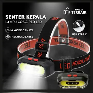 Senter Kepala COB RED LED Super Terang USB Rechargeable Adjustable Camping Hiking Headlamp Indonesia White