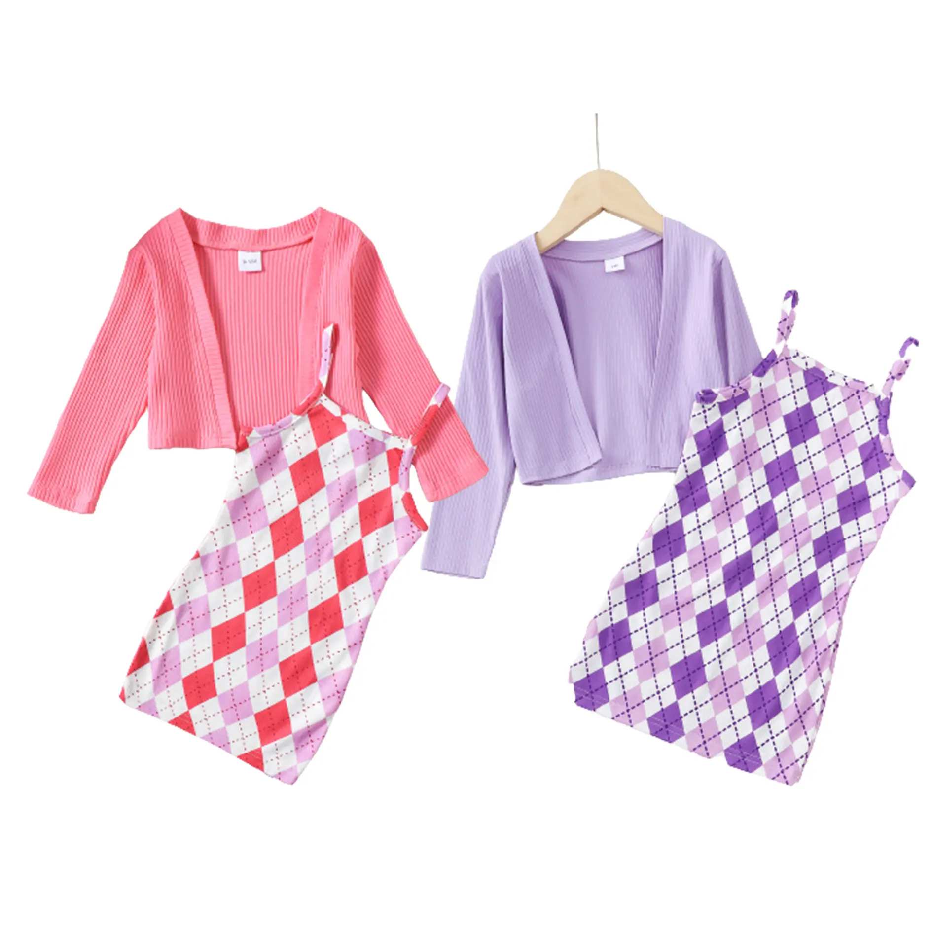 Pakaian Bayi Perempuan, Stok Sedia, Pakaian Tali Berpetak Berlian Barbie, Kot Kardigan, Set Pakaian Pakaian Cantik 2 Keping, Warna Merah Jambu, 462305152 / 462308157