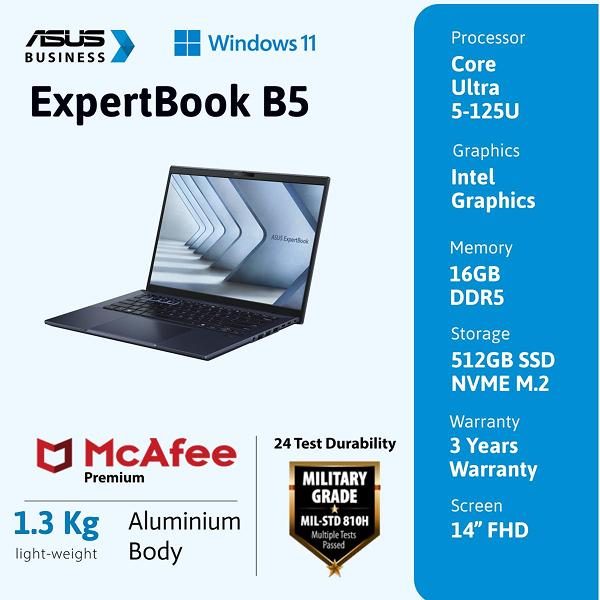 ASUS ExpertBook B5 [B5404CMA-QN5150X] Ultra 5-125H 16GB 512GB Windows 11 Pro Warranty 3YOS + Free Mouse Wireless 14" WQXGA AG IPS 500nits DCIP3:100% 120Hz