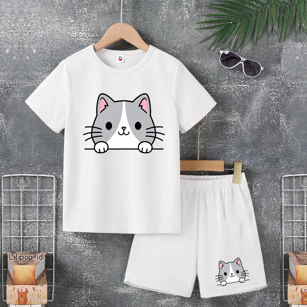 Baju Anak Stelan Usia 4-10 Tahun CAT CUTE NEW DAY Kaos 3/4 Cowok Cewek Celana Pendek Harian