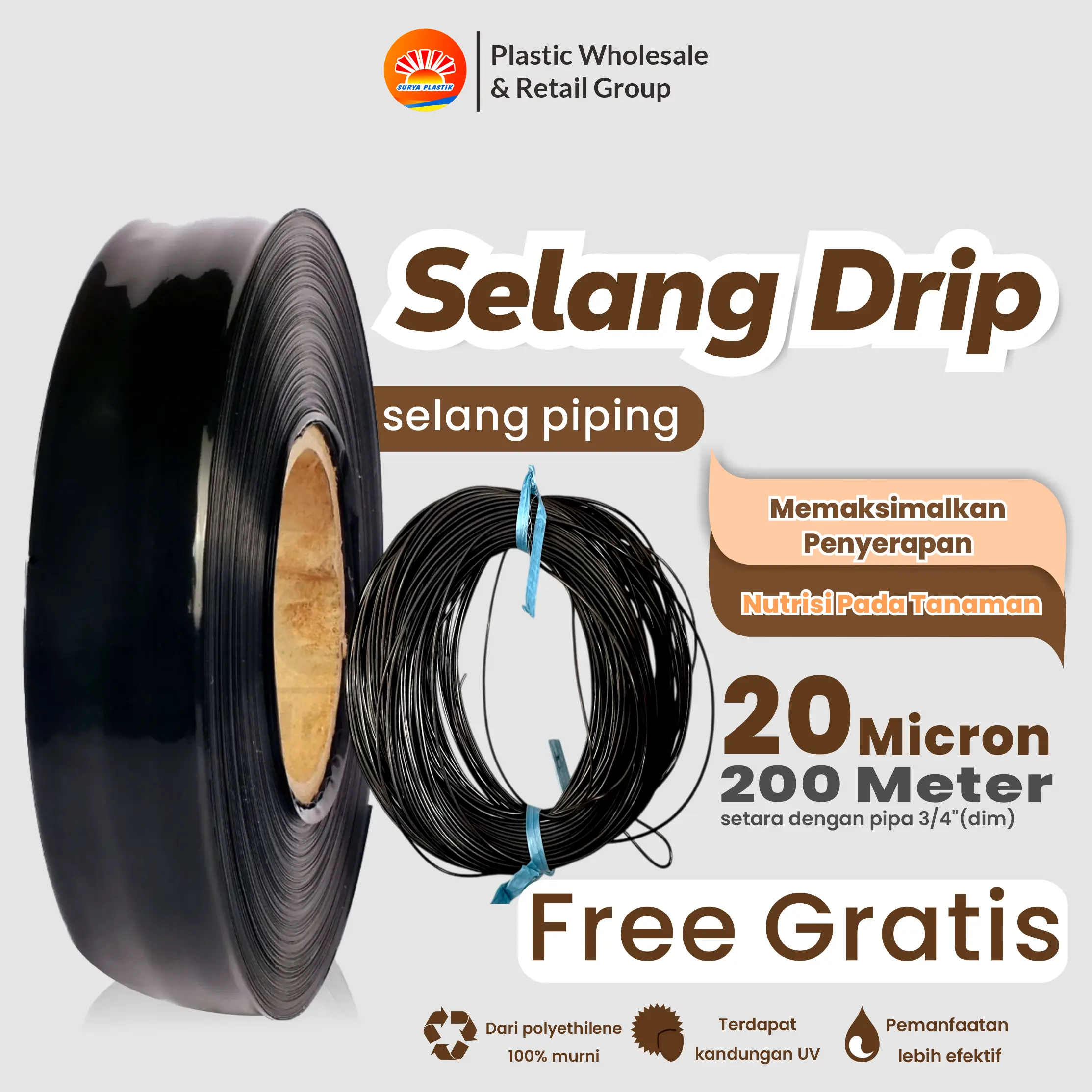 Selang Drip 20 mikron 4cm 200 meter FREE PIPING - Pipa 3/4 inch sayur tanaman Air