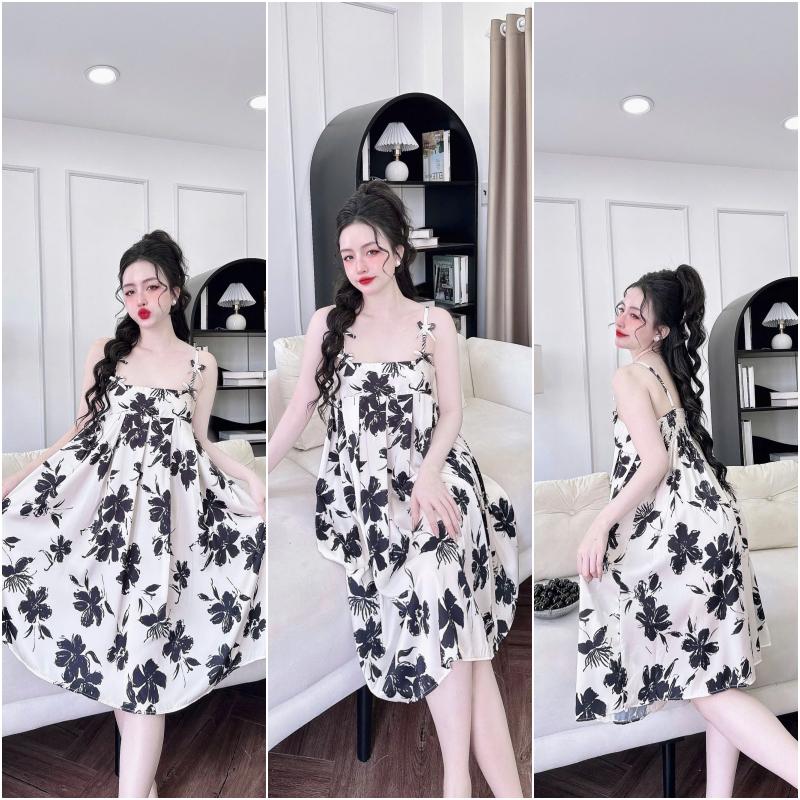 Product Introduction of (Kèm quần) Đầm ngủ lụa xếp ly ngự đính nơ dễ thương chất latin mềm mịn in họa tiết dễ thương 40-65kg 8