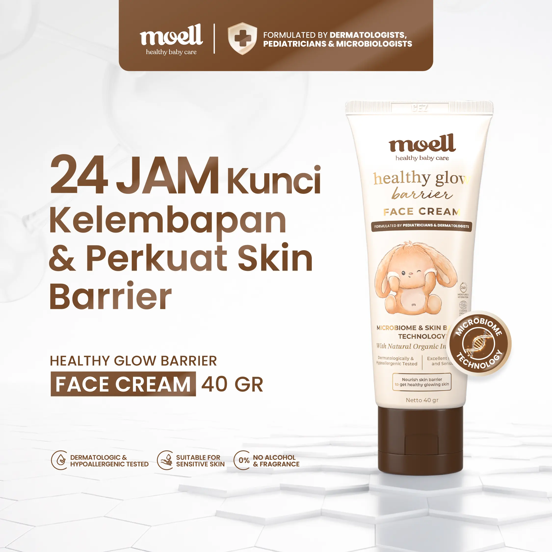 Moell Sensitive Moisturizer Microbiome - 40gr Pelembab Wajah Formulasi Dokter - Melembabkan Kulit Wajah, Perawatan Kulit Sensitif, Soothing, Brightening, Skincare Ibu Hamil & Menyusui
