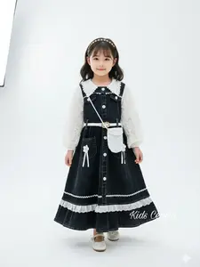KidsCenter - Gamis Jeans Anak Tangan Brukat Anak Perempuan Usia 3 - 12 Tahun / Fashion Raya Anak Free Tas - Baju Gamis Lebaran Anak Model Korean Style