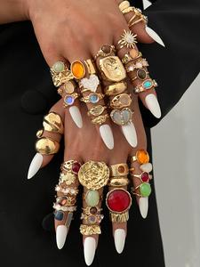 Set de anillos boho para mujer, diseño vintage elegante, con adornos de flores, moño, corazón, diamante de imitación, luna, estrella, piedra geométrica y ojo de gato, ideal para fiestas, uso diario y regalo