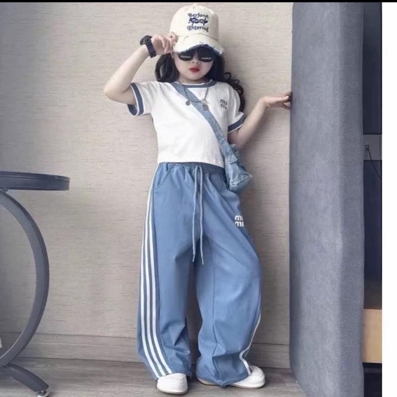 Set áo thun cotton thêu chữ cộc tay kèm quần jean xuông dành cho bé gái 11-36kg