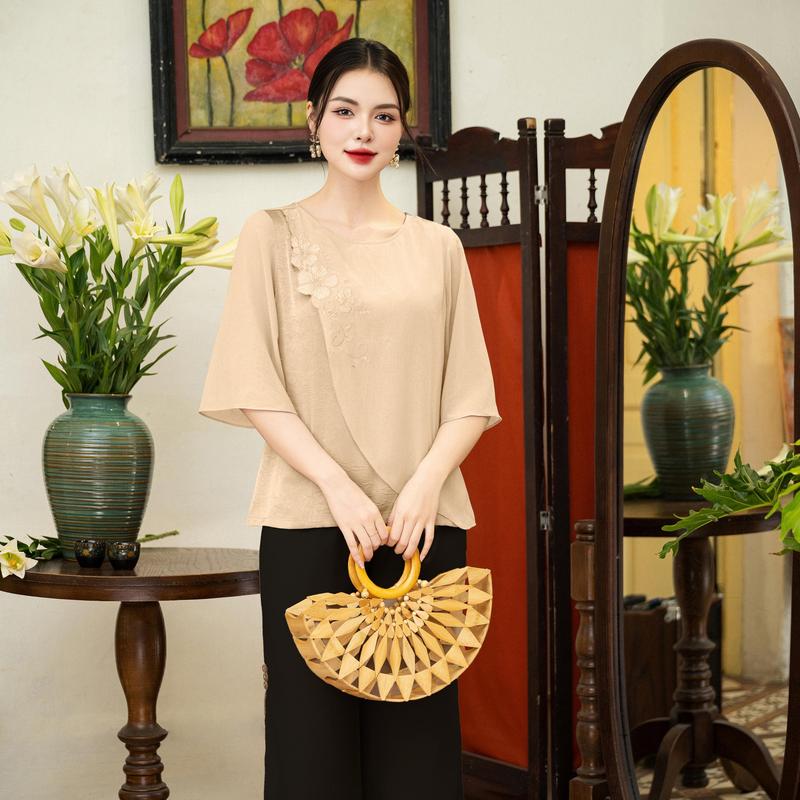 Áo Kiểu lụa dập nhăn phối chiffon Nữ Trung Niên Thanh Lịch, Trang Nhã tặng mẹ Thương Hiệu Thiều Hoa AN4L1143