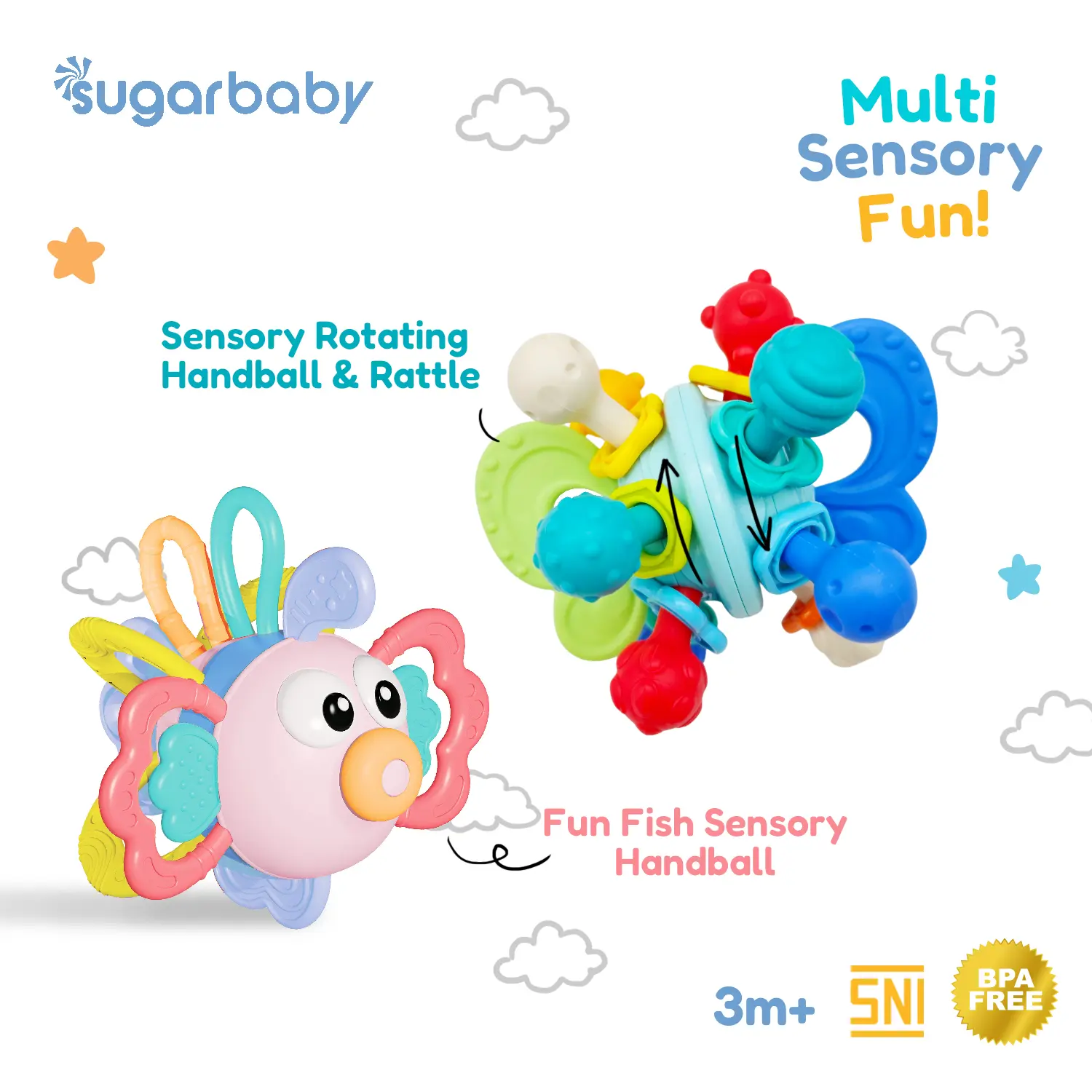 Sugarbaby Fun Fish Sensory Rotating Handball Rattle Baby Toys Mainan Sensorik Motorik Teether Bayi BPA Free
