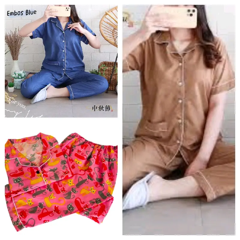 Paket Usaha 100 Ribu Dapat 3 Setel Piyama Baju Tidur Dewasa Nyaman Cantik Motif Panjang one Pendek Satin Setelan Embos Merah 6