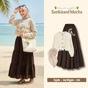 Outfit Pantai Beach Ootd One Set 3in1 Hijab Setelan Wanita Kekinian Cardigan Rawis + Rok Susun