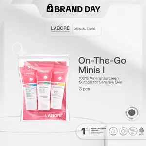 LABORÉ Sensitive Skin Care On-The-Go Minis - Travel Size Skincare Kit - Dermalab Revolutionaire Paket Mild Cleanser 15ml, Barrier Revive Cream 10ml, Physical Sunscreen 10ml untuk Perawatan Wajah Kulit Sensitif Cetak Travel Kit Guard Skin Moist Labore