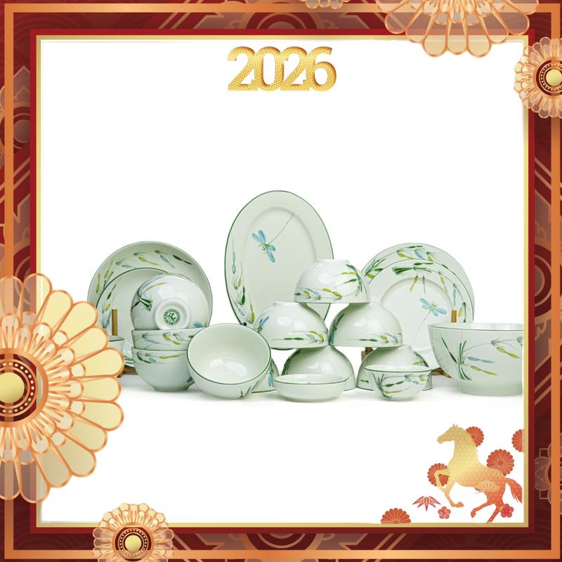  Bộ Bát Đĩa  Họa Tiết Trúc Chuồn Vẽ Tay  - Gốm Sứ Bát Tràng Linh Khang 