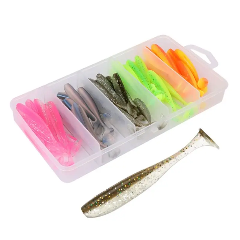 Gewang pancing plastik lembut, umpan T-ekor, Cacing tiruan, Swimbait, 50 keping / kotak