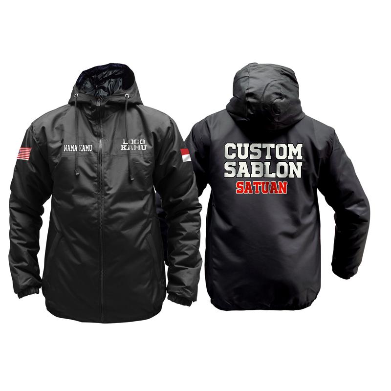 Jaket Custom Logo Satuan Buat komunitas seragam karyawan Keren Parasut Tebal Panjang Distro Hitam Pria  Cowok Casual 1