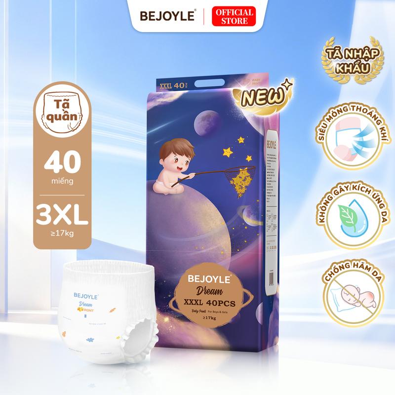 Bejoyle Bỉm quần nhập khẩu cao cấp size XXXL 60 miếng, thiết kế mỏng nhẹ tăng lưu thông khí, bề mặt mềm mại dịu nhẹ, thấm hút nhanh hiệu quả cao, duy trì khô ráo ổn định, không gây bó sát phù hợp nhiều độ tuổi